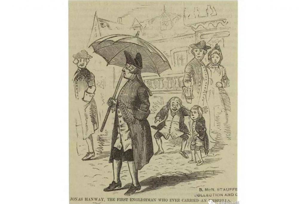 Иллюстрация Джонаса Хэнвея демонстративно размахивая зонтиком
